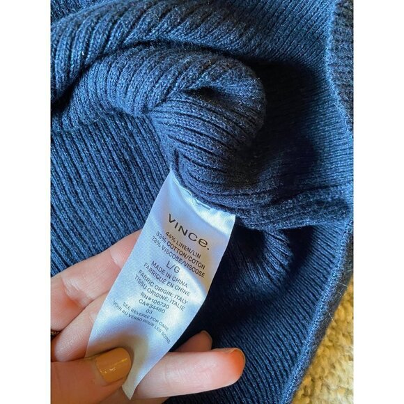 Vince Men’s Ribbed Knit Linen Blend Henley Navy Sweater Size L Pullover Top - Picture 8 of 8